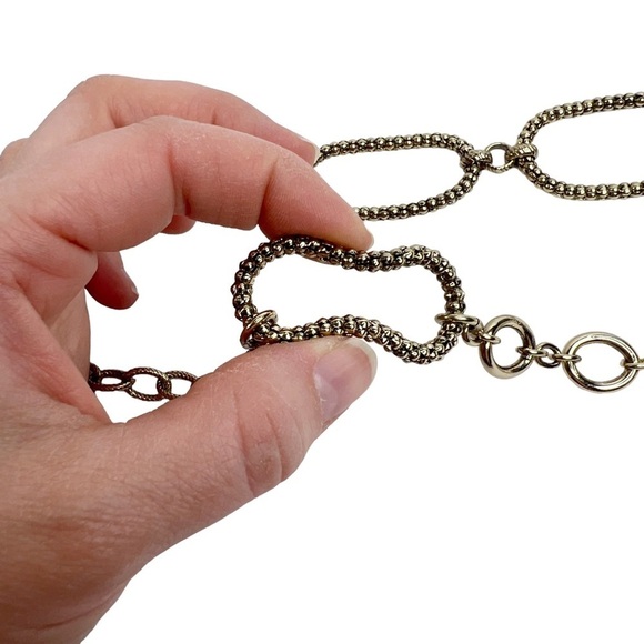 Gold Tone Asymmetrical Textured Oval Rings Chain Link Long Necklace - Picture 11 of 11